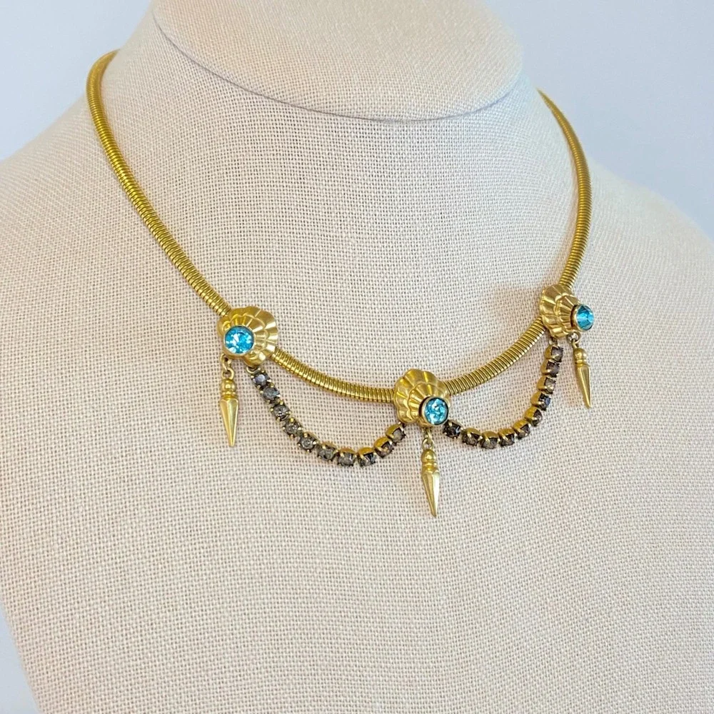 Vintage Gold‎ Filled Blue Rhinestone Festoon Snake Chain Spike Necklace 15